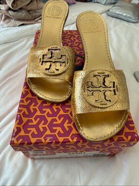 Tory Burch Gold Metallic Logo Slide Sandals